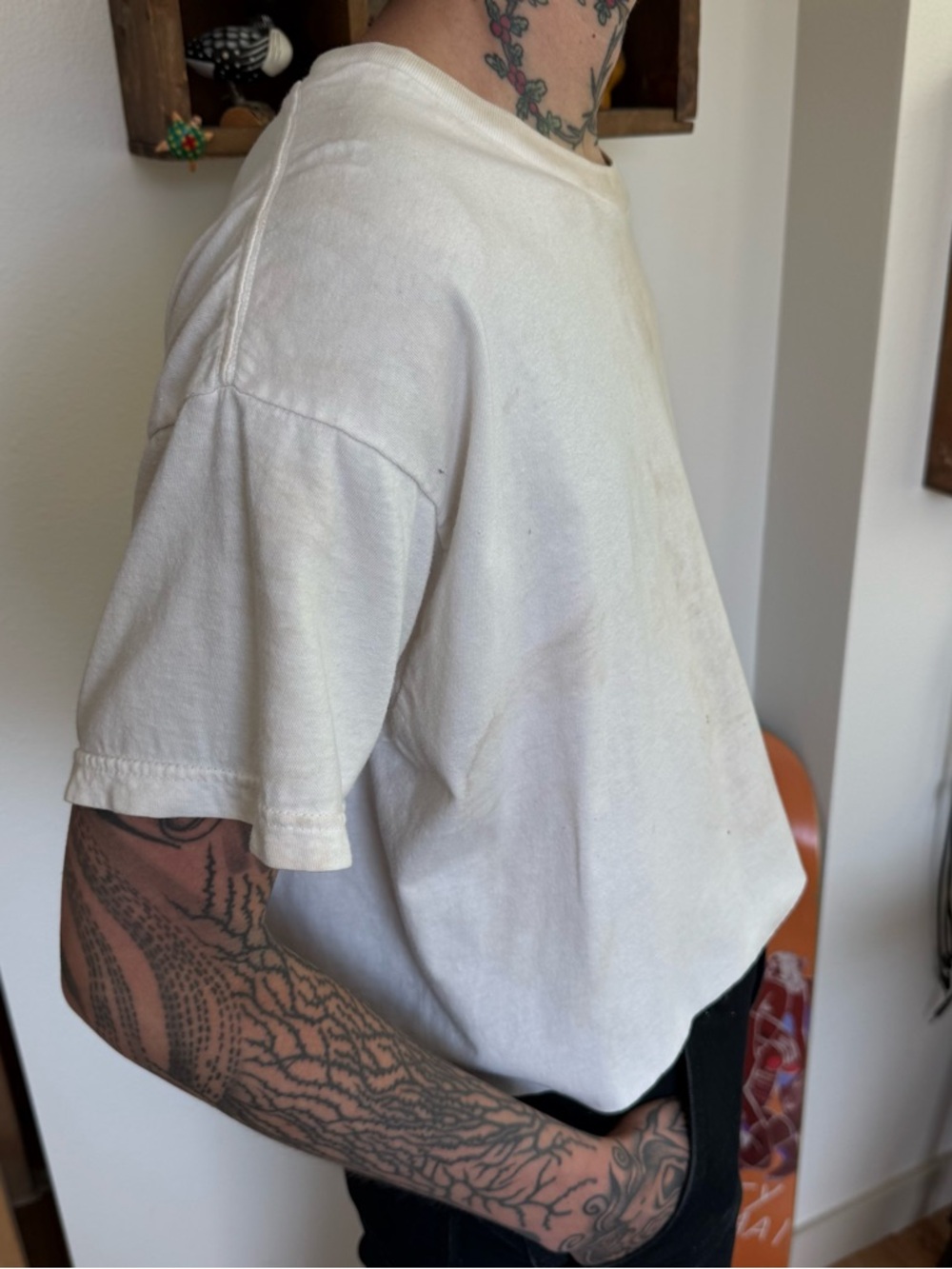 💀 SOLD 💀 Vintage 90s Cropped Distressed Blank White Tee USA ~ Size Large - Picture 2 of 6